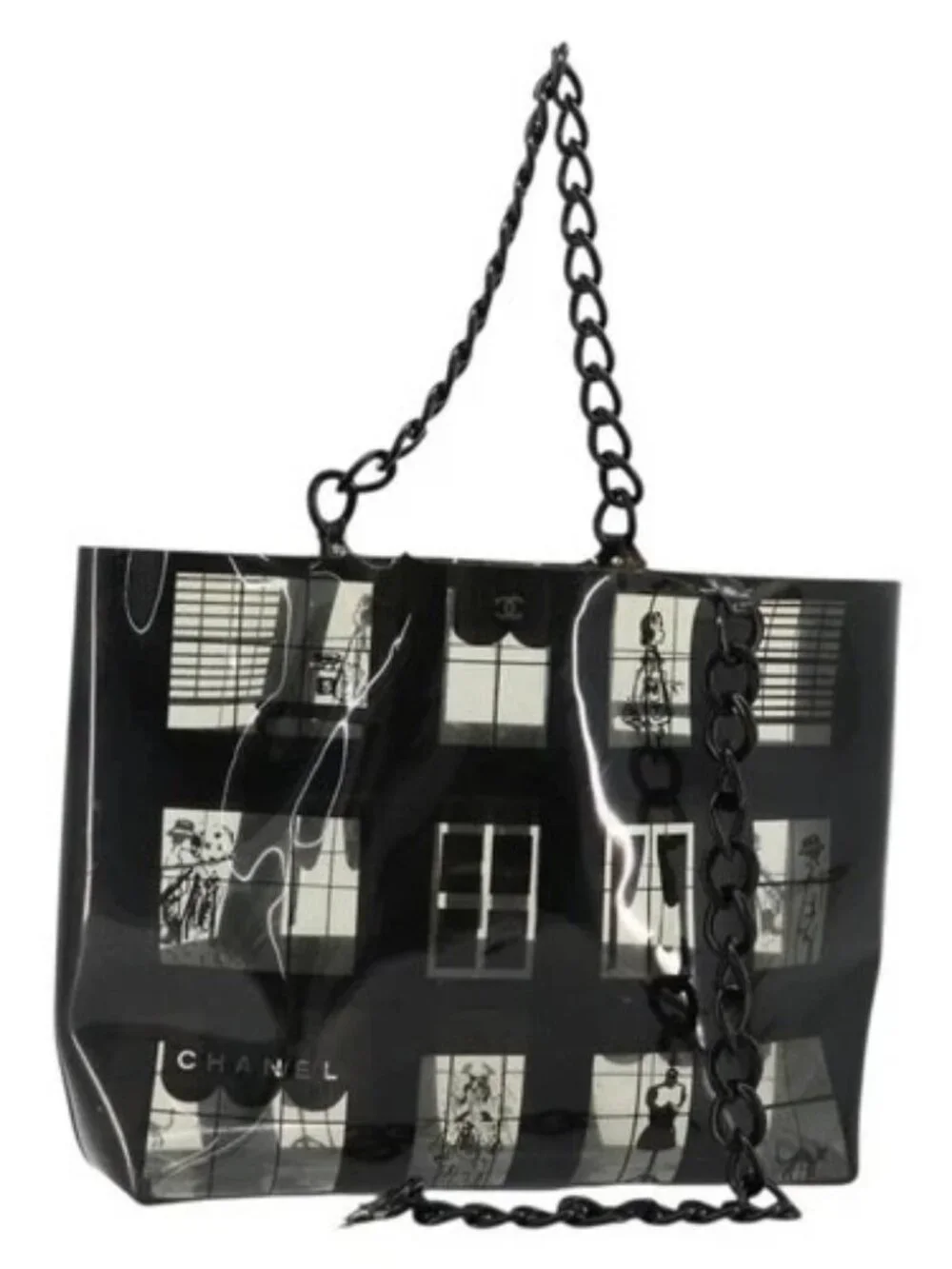 CHANEL Windows Line Chain Shoulder Tote Bag Vinyl Black Silver CC Auth BA12235